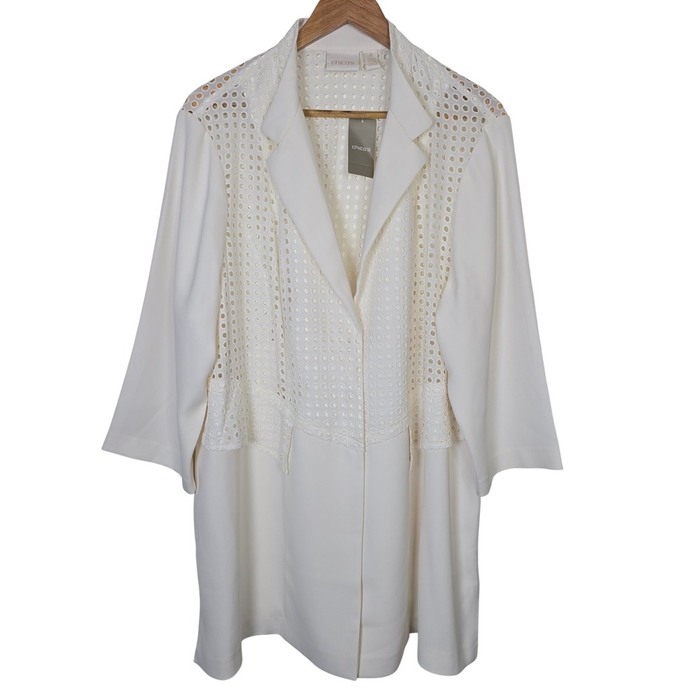 Chicos Antique White Eyelet Novelty 3/4 Sleeve Topper Jacket Size 4 XXL NWT